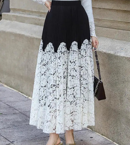 Autumn Winter French Vintage Black White Patchwork Lace Long Skirt Women's 2024 Sweet Pink Elegant High Waist Pleated Skirt Chic