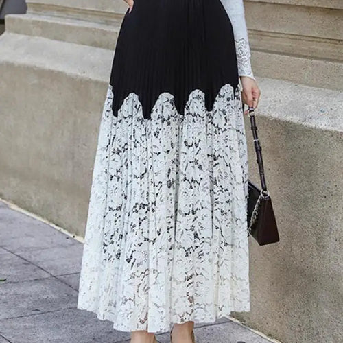 Load image into Gallery viewer, Autumn Winter French Vintage Black White Patchwork Lace Long Skirt Women&#39;s 2024 Sweet Pink Elegant High Waist Pleated Skirt Chic
