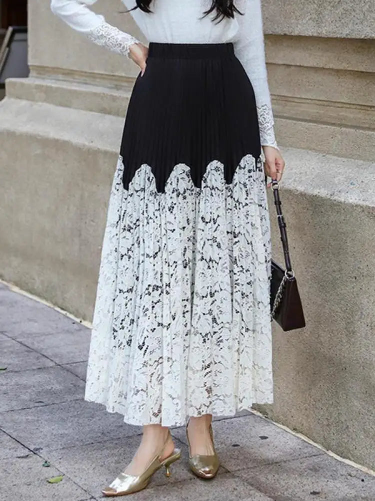 Autumn Winter French Vintage Black White Patchwork Lace Long Skirt Women's 2024 Sweet Pink Elegant High Waist Pleated Skirt Chic