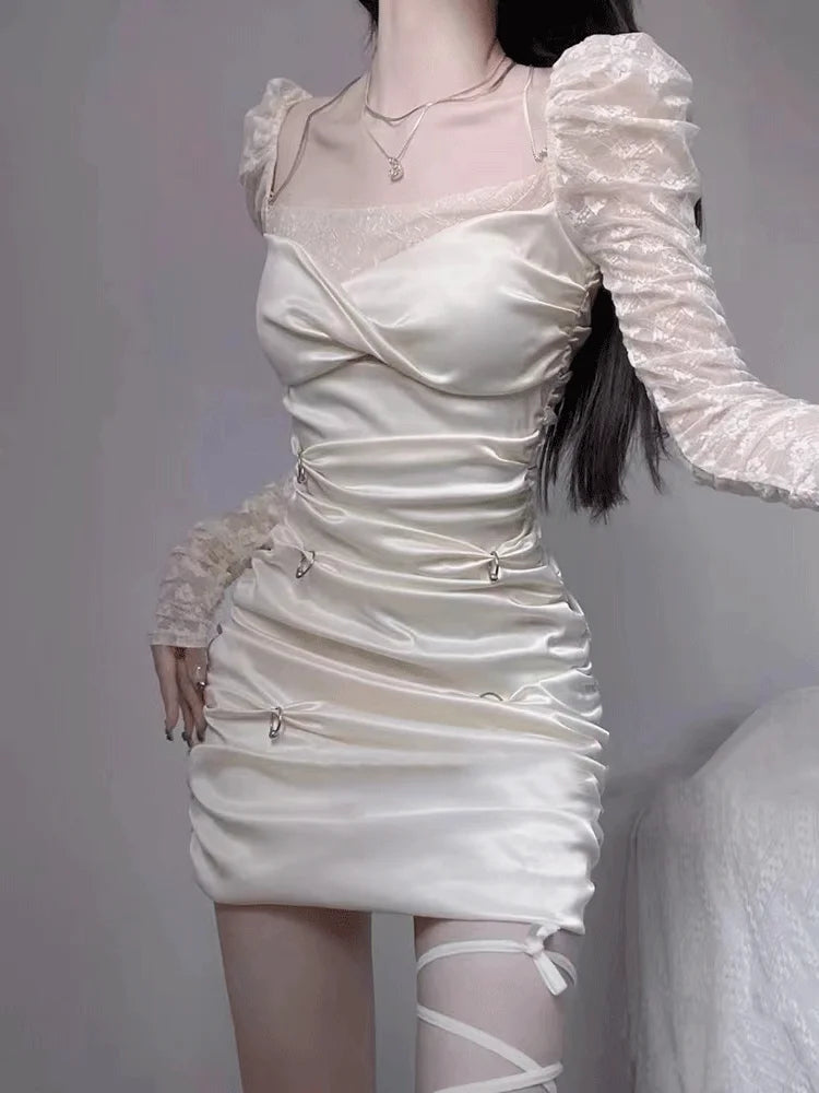 Y2k Sexy Bodycon Lace Dress Ruched Mesh Design Wrap Square Collar Mini Short Dresses Vintage Elegant