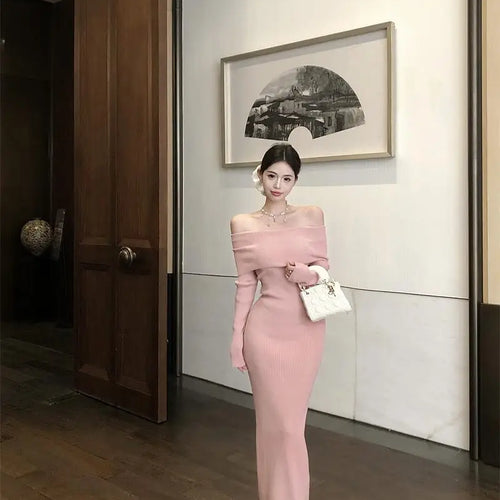 Load image into Gallery viewer, Retro Solid Sexy Club Long Sleeve Off Shoulder Knitted Dress Autumn French Style Chic Slim Long Sleeves Elegant Wrap Hip Dresses
