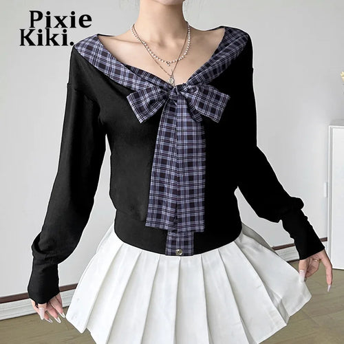 Load image into Gallery viewer, Plaid Bow Patchwork V Neck Long Sleeve Tops Women 2024 Autumn Kawaii T Shirts Y2k 2000s Clothes P84-DI20
