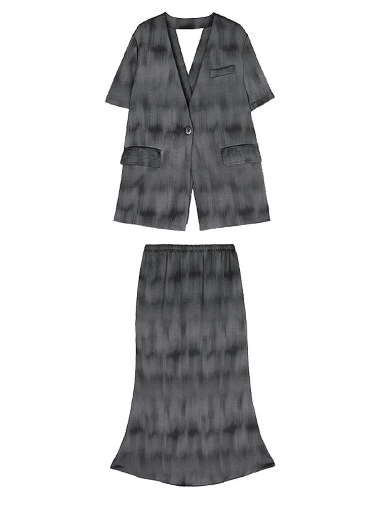 Gray Hollow Out Blazer Half-body Skirt Two Pieces Suit New V-Neck Short Sleeve Women Fashion Spring Autumn 2025 1DJ0789