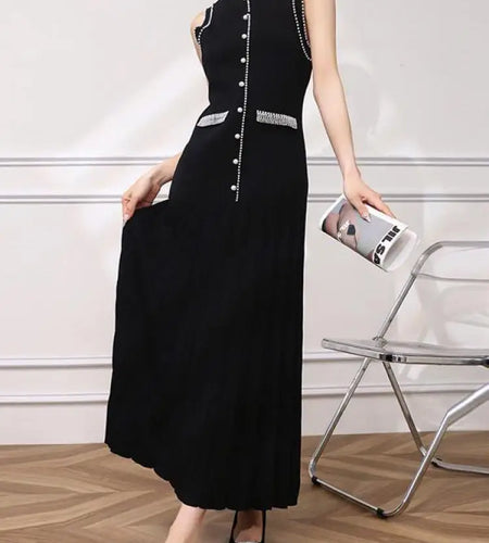 Women's Black Pearl Elegant Sleeveless Office Lady Knitted Vest Long Dress Summer Round Neck Sexy Slim Wrap Hip Dress Streetwear