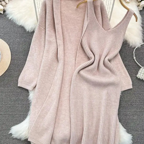 Load image into Gallery viewer, Autumn Thick Warm Solid Knitted Suit 2023 Stripe V Neck Vest Dress+ Loose Long Cardigans Sweater Home Wear Casual Two Pieces Set
