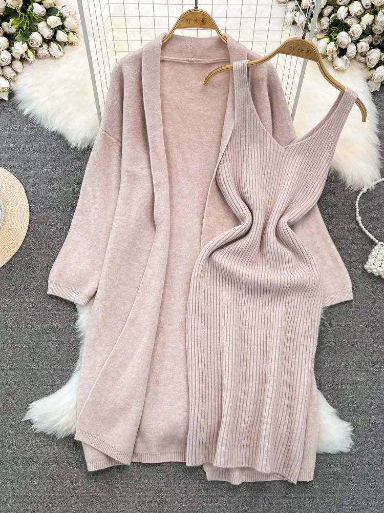 Autumn Thick Warm Solid Knitted Suit 2023 Stripe V Neck Vest Dress+ Loose Long Cardigans Sweater Home Wear Casual Two Pieces Set