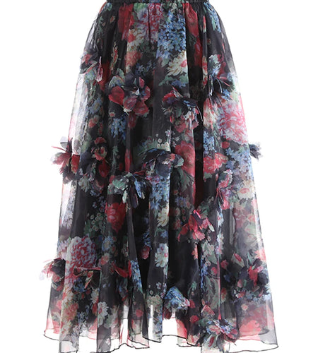 High Elastic Waist Red Flower Printed Organza Ball Gown Half-body Skirt Women Fashion Tide New Spring Autumn 2025 1DJ1139