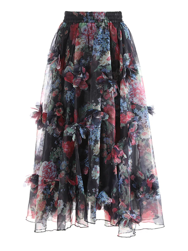High Elastic Waist Red Flower Printed Organza Ball Gown Half-body Skirt Women Fashion Tide New Spring Autumn 2025 1DJ1139