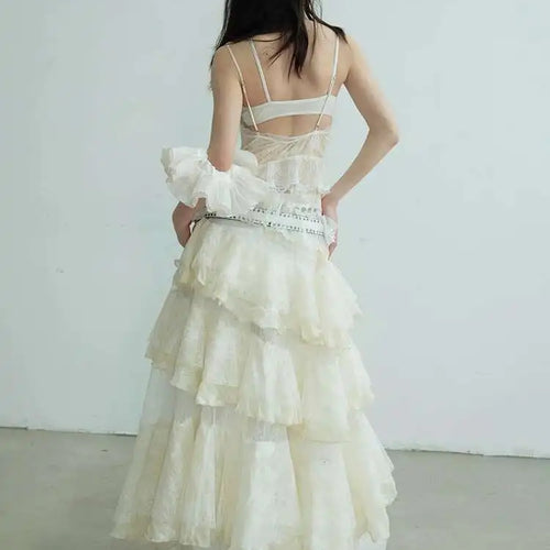 Load image into Gallery viewer, Women Beige Lace Perspective Long Spaghetti Strap Dress New V-Neck Sleeveless Fashion Tide Spring Autumn 2025 1DJ0684
