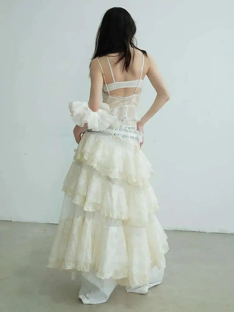 Women Beige Lace Perspective Long Spaghetti Strap Dress New V-Neck Sleeveless Fashion Tide Spring Autumn 2025 1DJ0684