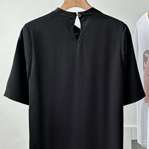 Load image into Gallery viewer, Solid Loose Spliced Folds Casual T Shirts for Women O Neck Half Sleeves Hollow Out Minimalist T Shirt Female New
