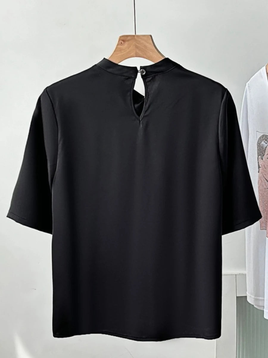 Solid Loose Spliced Folds Casual T Shirts for Women O Neck Half Sleeves Hollow Out Minimalist T Shirt Female New