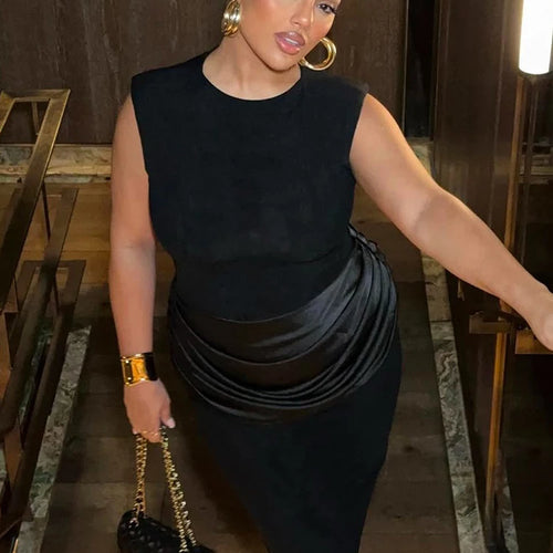 Load image into Gallery viewer, Sleeveless Ruched Sexy Maxi Dress For Women Gown Fashion Black O Neck High Waist Bodycon Club Party Long Dress Vestido
