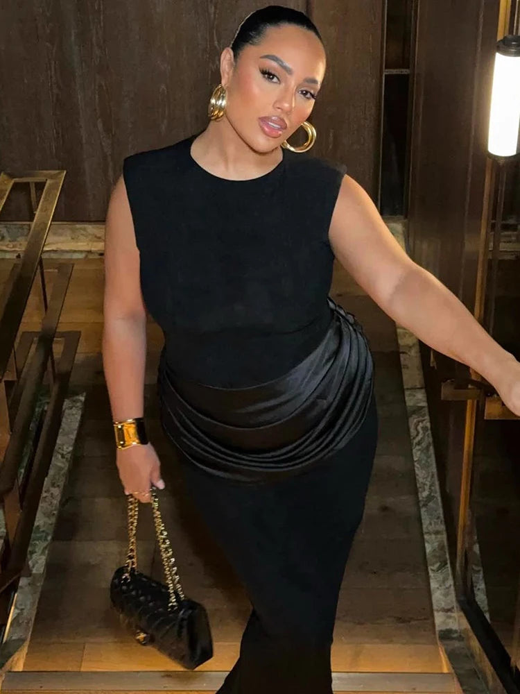 Sleeveless Ruched Sexy Maxi Dress For Women Gown Fashion Black O Neck High Waist Bodycon Club Party Long Dress Vestido