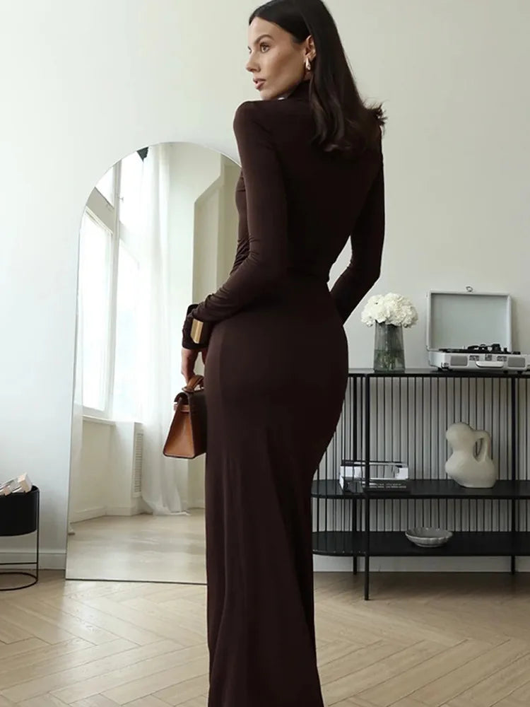 Elegant Long Sleeve Bodycon Party Club Women Evening Dress 2025 Autumn/Winter New Height Split Elastic Tight Vestido