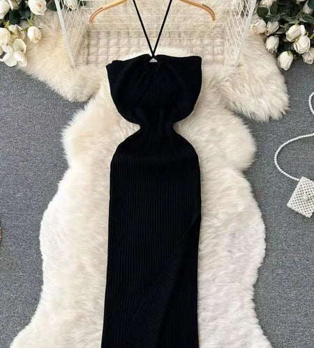 Korean Women's Solid Elegant Sexy Club Slim Wrapped Hip Halter Lace-up Split Long Dress Summer Vacation Knitted Party Dress Chic