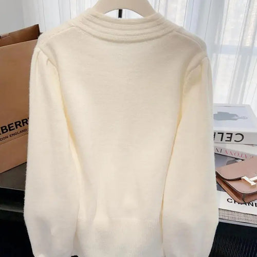 Load image into Gallery viewer, Autumn Winter Solid Elegant V Neck Bow Single Breasted Short Sweater Women's French 2024 New Long Sleeved Slim Knitted Tops Chic
