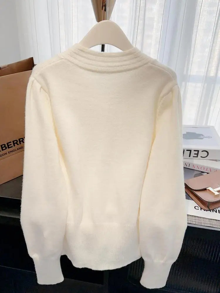 Autumn Winter Solid Elegant V Neck Bow Single Breasted Short Sweater Women's French 2024 New Long Sleeved Slim Knitted Tops Chic
