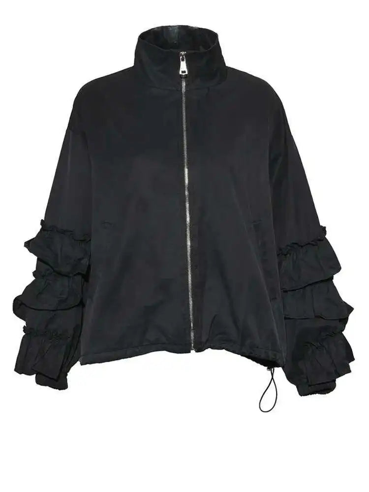 Loose Fit Black Ruffles Stitch Big Size Jacket New Lapel Long Sleeve Women Coat Fashion Tide Spring Autumn 2025 1B894