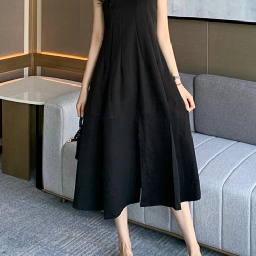 Load image into Gallery viewer, Korean Style Black Ruffles Strapless Dress Slim Waist Split Solid Color Sleeveless Female Dresses Elegant Evening Dresses
