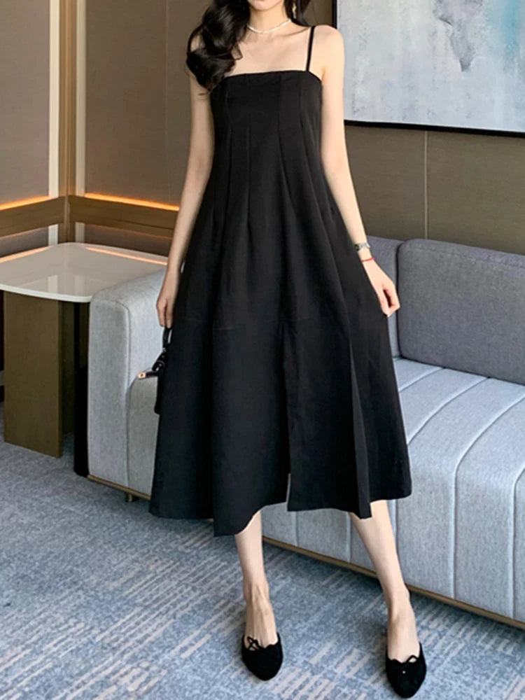 Korean Style Black Ruffles Strapless Dress Slim Waist Split Solid Color Sleeveless Female Dresses Elegant Evening Dresses