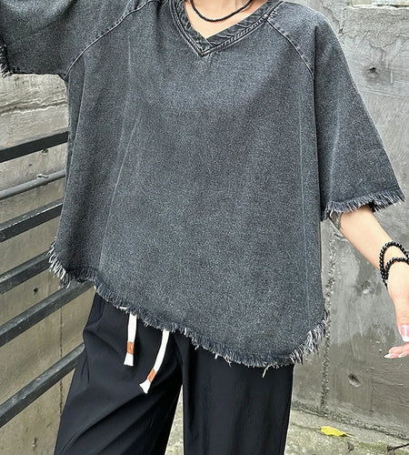 Women Black Denim Burr Irregular Big Size Casual T-shirt New V-Neck Half Sleeve Fashion Tide Spring Summer 2025 1DJ1392