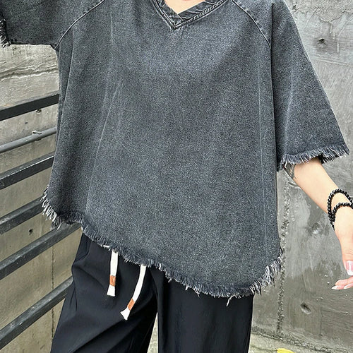 Load image into Gallery viewer, Women Black Denim Burr Irregular Big Size Casual T-shirt New V-Neck Half Sleeve Fashion Tide Spring Summer 2025 1DJ1392
