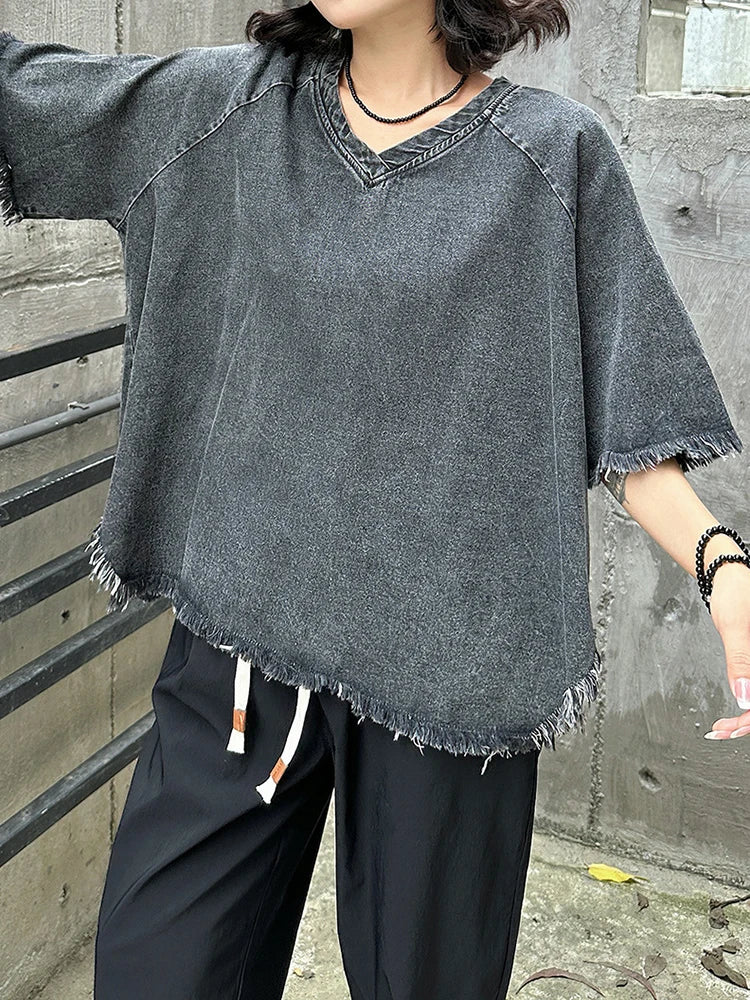 Women Black Denim Burr Irregular Big Size Casual T-shirt New V-Neck Half Sleeve Fashion Tide Spring Summer 2025 1DJ1392