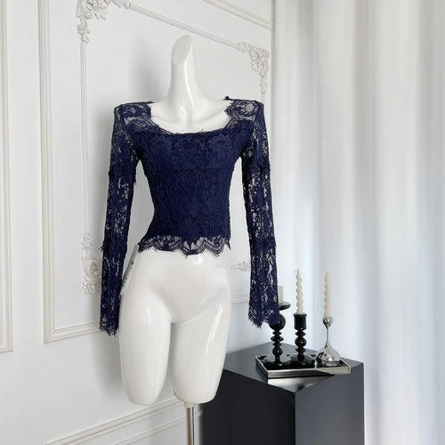 Load image into Gallery viewer, Autumn Blue Lace Square Neck Elegant Slim T Shirt Women's New Vintage Pink Long Sleeves Vacation Short Tops Simplicity Clothing
