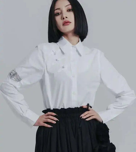 Women Off Shoulder Buckle Big Size Blouse New Lapel Long Sleeve Loose Fit Shirt Fashion Tide Spring Autumn 2025 1DE6580
