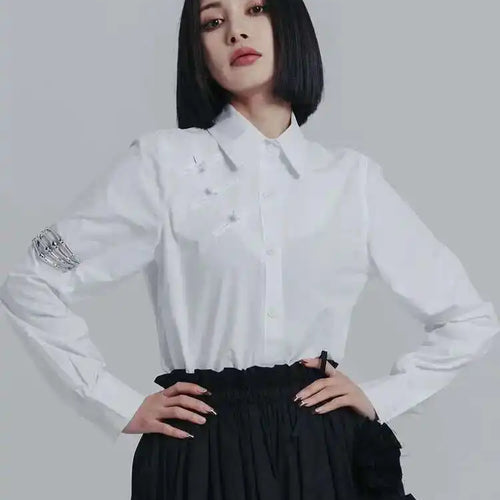 Load image into Gallery viewer, Women Off Shoulder Buckle Big Size Blouse New Lapel Long Sleeve Loose Fit Shirt Fashion Tide Spring Autumn 2025 1DE6580
