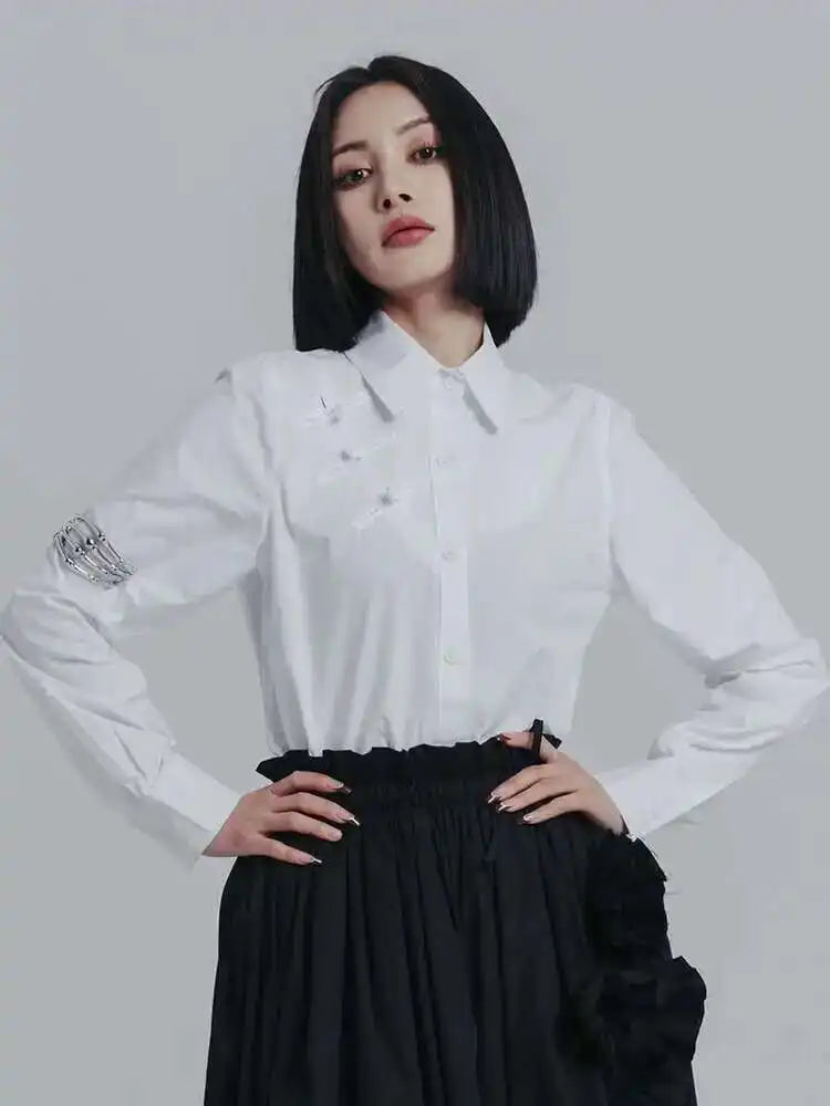 Women Off Shoulder Buckle Big Size Blouse New Lapel Long Sleeve Loose Fit Shirt Fashion Tide Spring Autumn 2025 1DE6580