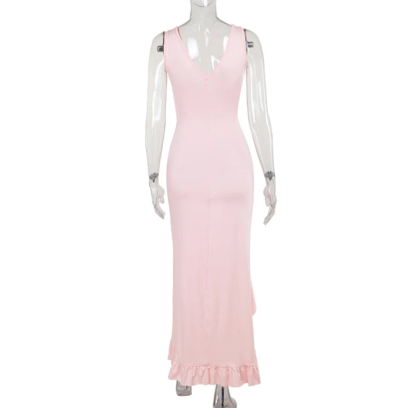 Elegant Sleeveless Ruffles Sexy Long Dress For Women Summer New Deep V Neck Backless Thigh High Split Maxi Dress