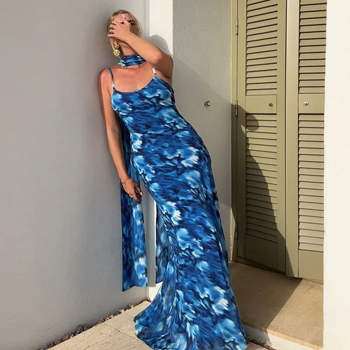 Load image into Gallery viewer, Halter Backless Print Sexy Maxi Dress For Women Gown Elegant Blue Printed Lace-up Sleeveless Evening Long Dress
