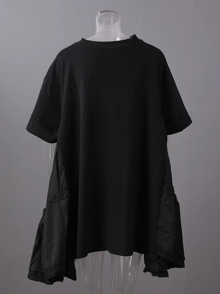 Women Black Ruffles Irregular Big Size Mini Dress New Round Neck Short Sleeve Fashion Tide Spring Summer 2025 1DH9574