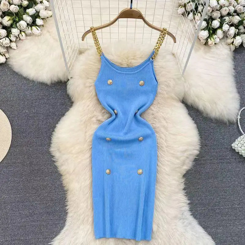 Korean Summer Fashion Women Solid O-neck Button Knitted Midi Dress Sexy Cldub Sleeveless Office Chain Slip Dresses Women Popular