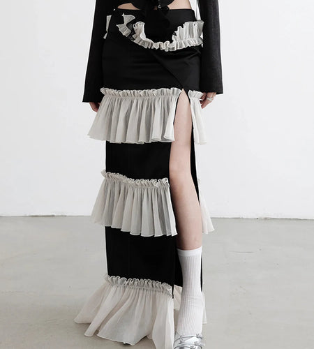 Hit Color Spliced Ruffles Slimming Skirts For Women High Waist Temperament Split Skirt Female Fashion Style Clothes