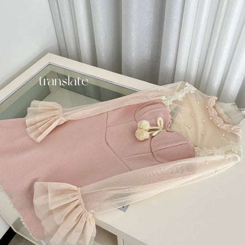 Load image into Gallery viewer, Korean Fashion Vintage 2025 Spring Elegant Two Pieces Set Women Beige Mesh Pearl Long Sleeved Tops + Pink Short Slip Dress Trend
