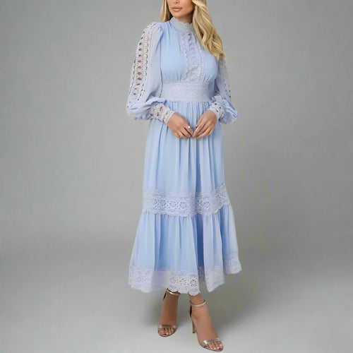 Load image into Gallery viewer, Solid  Temperament Long Dresses For Women Stand Collar Lantern Sleeve High Waist Spliced Lace Up Dress Female Fashion New
