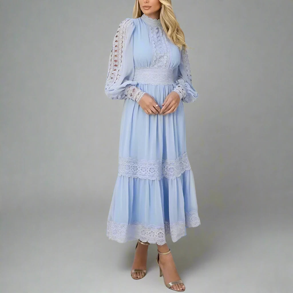 Solid  Temperament Long Dresses For Women Stand Collar Lantern Sleeve High Waist Spliced Lace Up Dress Female Fashion New