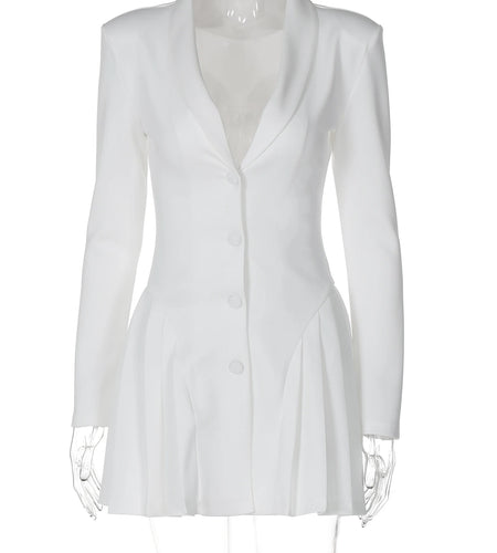 Fashion Solid Long Sleeve Shoulder Pads Buttons Ruched Sexy Mini Blazer Dress Women Fall Outfit Birthday Party Festival