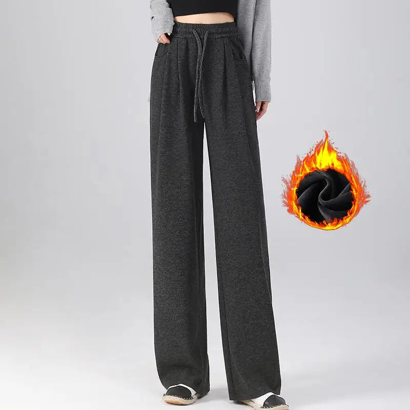 Winter Women Solid Velvet High Waist Drawstring Pant Korean Fashion Versatile Wide Leg Trousers Casual Thick New 2024 Trend Chic