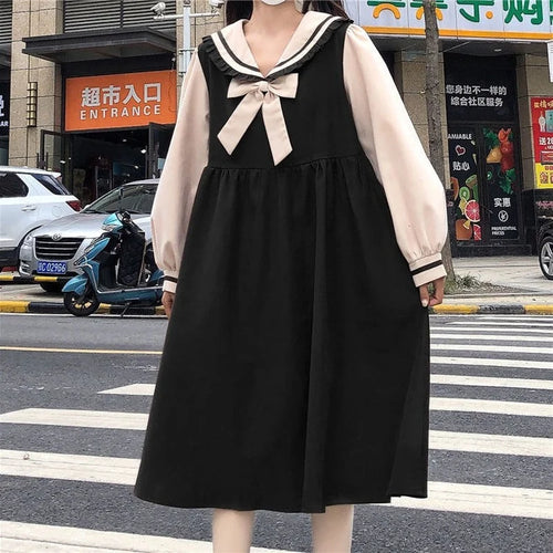 Load image into Gallery viewer, Japanese Sweet Style Kawaii Lolita Dress 2021 Autumn Soft Sailor Collar Ruffle Long Sleeve Dresses College Student Women
