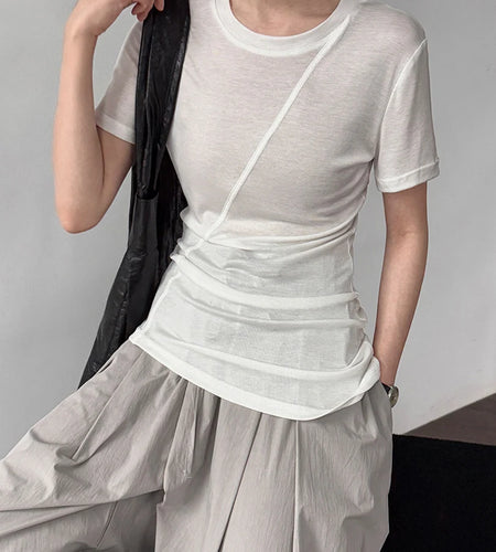 Women Beige Black Irregular Slim Elegant T-shirt New Round Neck Short Sleeve Fashion Tide Spring Summer 2025 1DJ1909