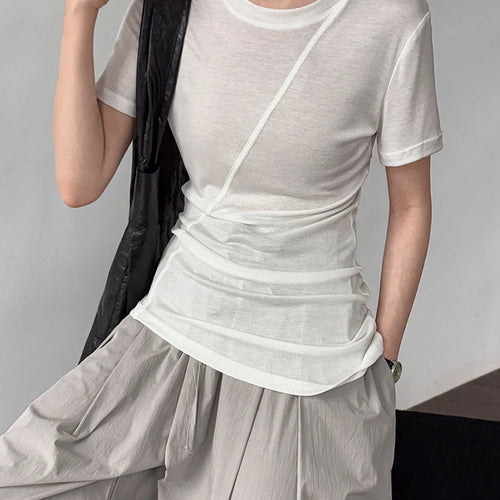 Load image into Gallery viewer, Women Beige Black Irregular Slim Elegant T-shirt New Round Neck Short Sleeve Fashion Tide Spring Summer 2025 1DJ1909
