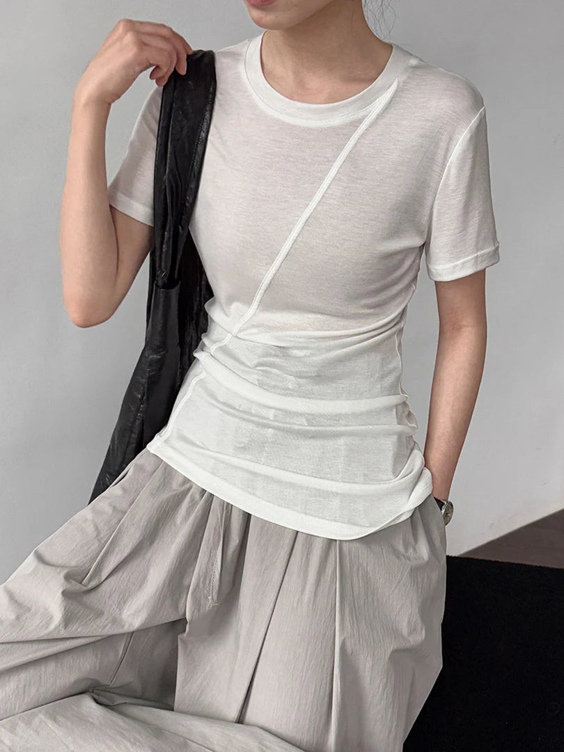 Women Beige Black Irregular Slim Elegant T-shirt New Round Neck Short Sleeve Fashion Tide Spring Summer 2025 1DJ1909