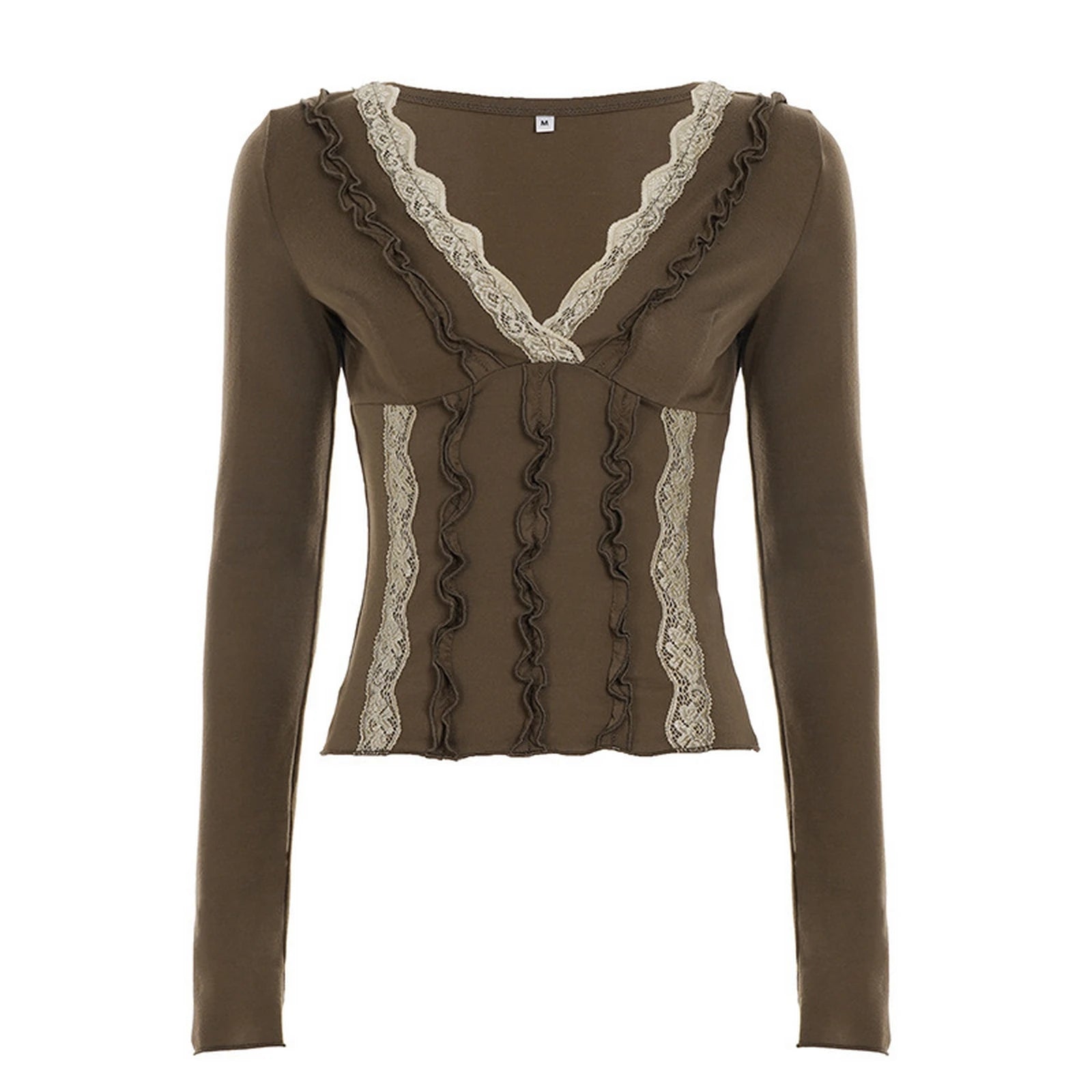 2000s Fairy Grunge Crop Top Women V Neck Lace Patchwork Ruffle Trim Long Sleeve T Shirt Emo Gothic Clothes Streetwear