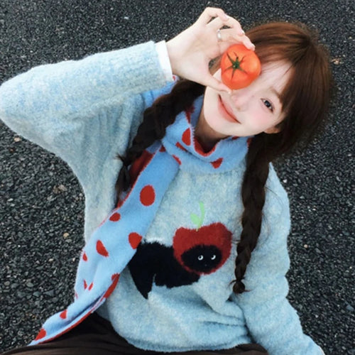 Load image into Gallery viewer, Vintage Preppy Kawaii Cartoon Jacquard Sweaters Sweet Harajuku Loose Grunge Jumpers Y2k Aesthetic Women Blue Knitted Pullovers
