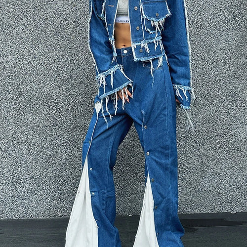 Load image into Gallery viewer, Streetwear Denim Two Piece Sets For Women Lapel Long Sleeve Spliced Tassel Coat High Waist Hit Color Jeans Casual Set Female
