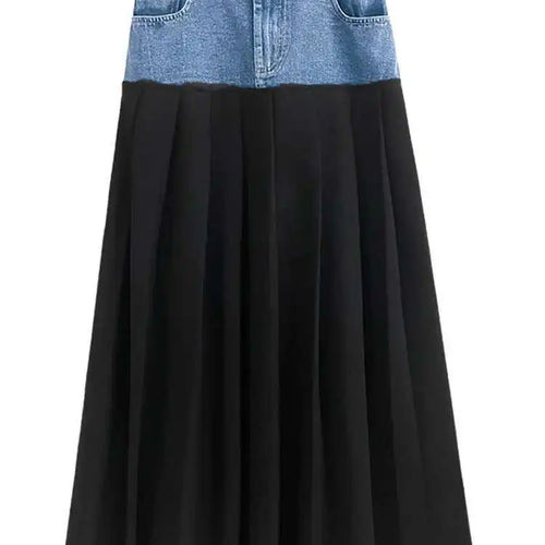 Load image into Gallery viewer, High Elastic Waist Blue Color-block Denim Pleated A-line Half-body Skirt Women Fashion Tide New Spring Autumn 2025 1DH2576
